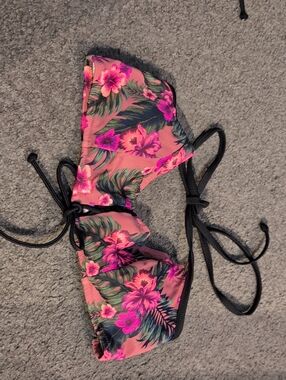 PINK Victoria's Secret Pink Floral Triangle Bikini Top with Black Ties